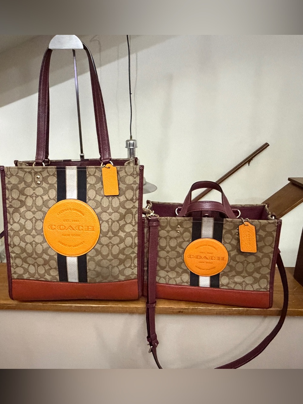 Coach Dempsey Tote 1917 Signature Jacquard Stripe Orange Burgundy